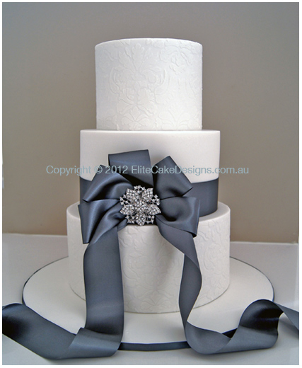 Damask Wedding Cake with charcoal ribbon
